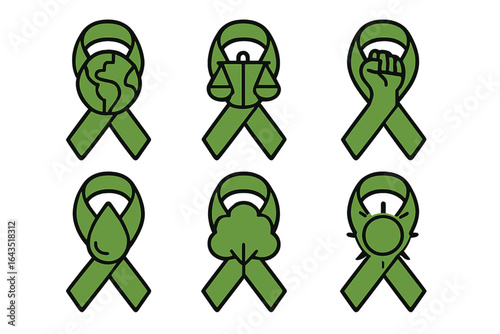 Green ribbons symbolize various causes including environmental awareness and social justice in a vibrant design