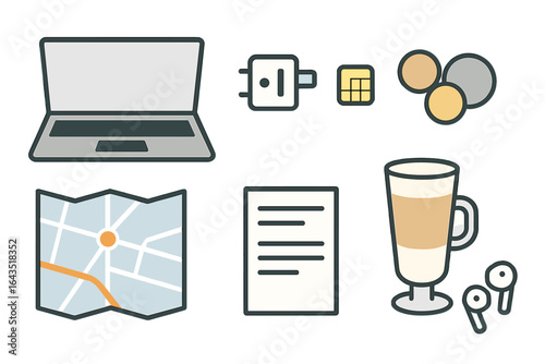 Travel essentials for digital nomads including laptop, map, coffee, and a charging adapter