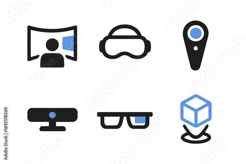 Various virtual reality equipment displayed in a digital format including headset, glasses, and tracking device