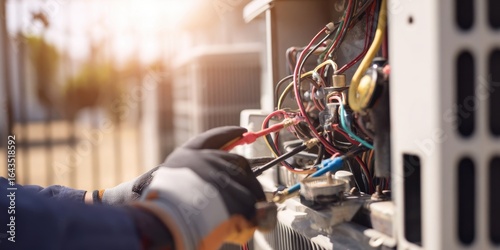 The technician repairing an air conditioning unit in a sunny outdoor setting.