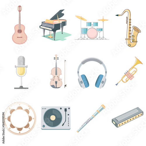 Colorful Collection of Musical Instruments and Sound Gear Set