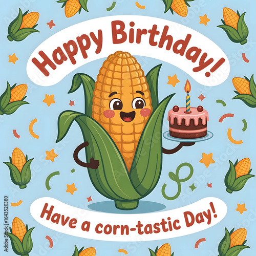 Cute cartoon corn character celebrating birthday with cake and festive decorations