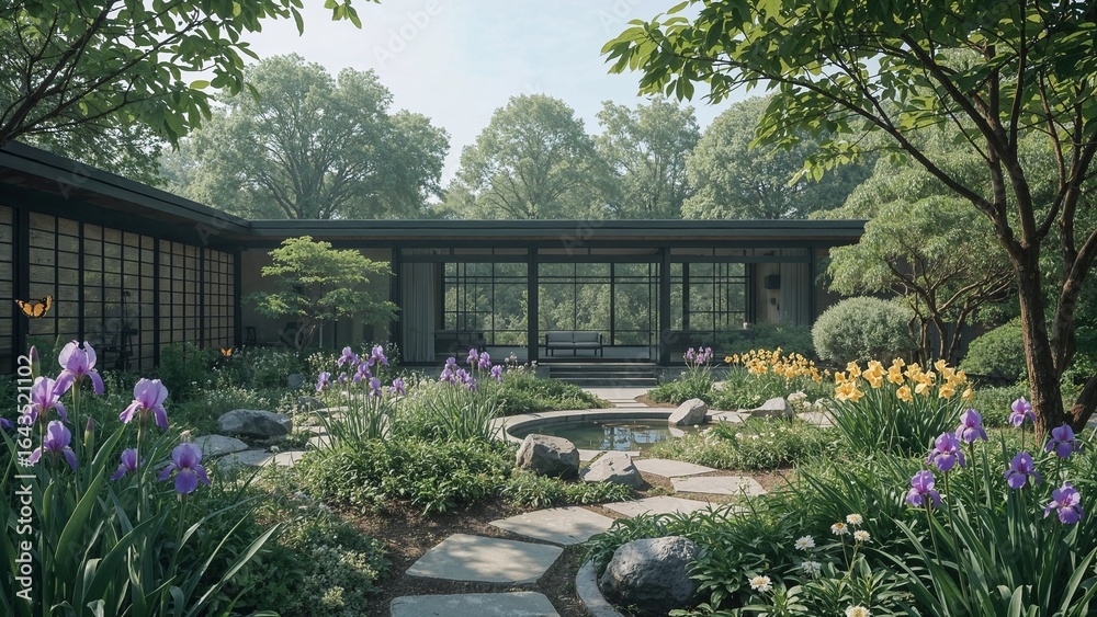 Naklejka premium Modern minimalist oriental garden with black timber house, curved pond, and blooming irises in woodland