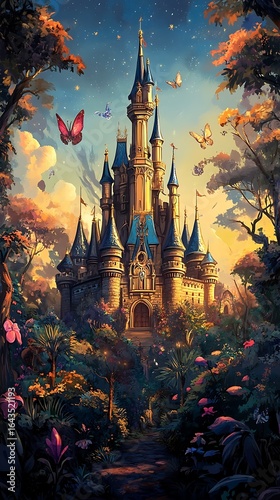Enchanted fairytale castle at sunset with butterflies