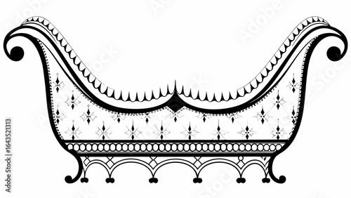 Illustration of an ornate chaise lounge with decorative details in black and white coloring style silhouette