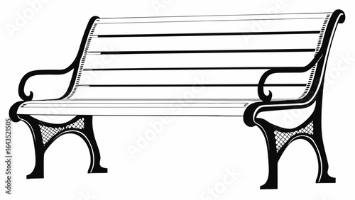 Illustration of an ornate park bench with black metal frame and wooden slats for seating and backrest silhouette