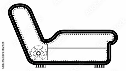 Isolated black and white illustration of an armchair with a decorative wheel and a cushioned design silhouette