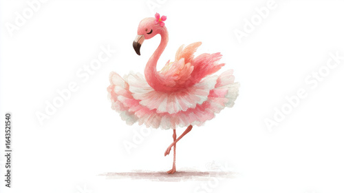Pink Flamingo in a Tutu Dancing Gracefully on One Leg, Watercolor Illustration