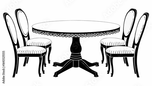 Round table with lace trim and four chairs in black and white minimalist furniture arrangement style silhouette