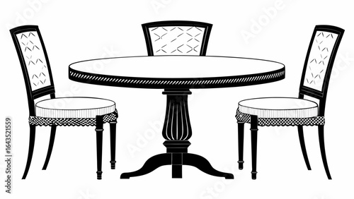 A black and white drawing of a round table with two chairs and a chair behind the table in a room setting silhouette