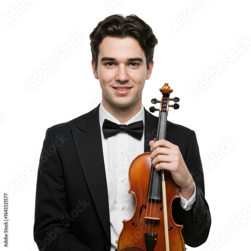 A handsome violinist smiles while holding his violin, ready for a performance.