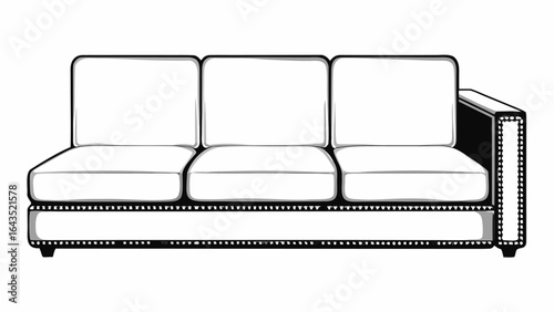 A white three seat sofa with a single armrest and decorative trim in a black and white color scheme silhouette