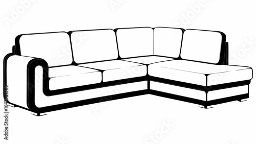 Illustration of a sectional sofa with white cushions and black trim on a white background space silhouette