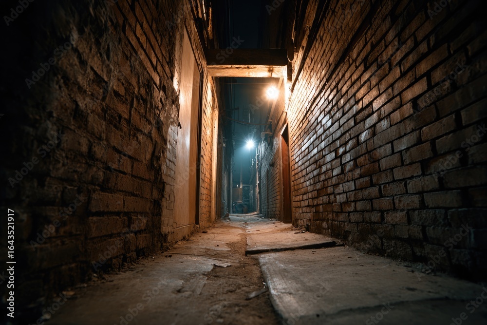 Fototapeta premium A narrow, shadowy alley or corridor serves as a hiding spot for robbers