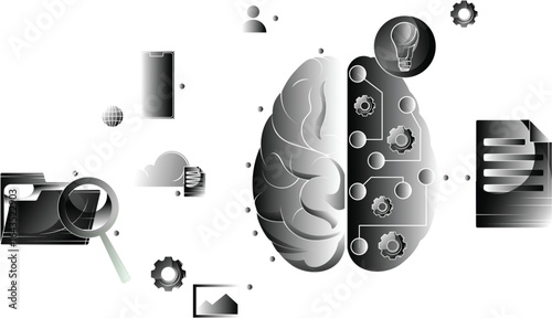 The image appears to be a digital graphic representing artificial intelligence, featuring icons of a brain, cloud, and circuits, with a modern design.
