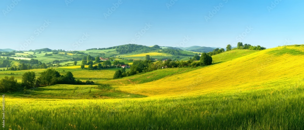 Fototapeta premium The expansive landscape of rolling hills and lush green fields under a clear blue sky.