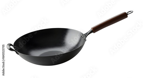 Black metal wok shows cooking texture with dark wood handle for product photography, ads, and presentations.