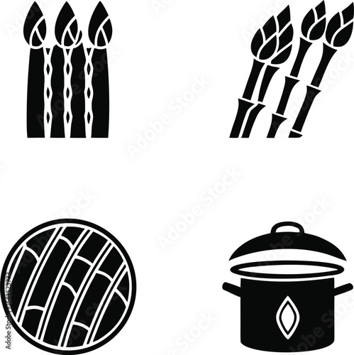 asparagus, cooking, vegetable, food, healthy, recipe, cuisine, meal, dinner, fresh, gourmet, vegetarian, icon, set, vector