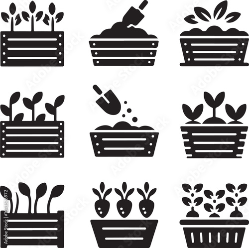 container, gardening, vegetable, patch, raised, garden, bed, planting, seedling, hobby, spring, season, icon, set, vector, plant, plants