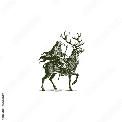 Doctor plague riding a majestic deer engraving logo design vector template illustration