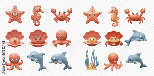 A charming collection of 3D plasticine sea creatures, including a starfish, seahorse, crab, octopus, and dolphin, presented as cute cartoon characters.