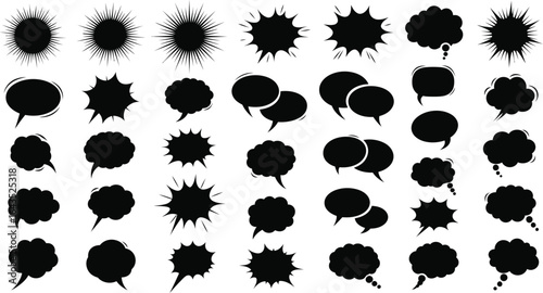 Comic book pop starburst speech bubbles editable icons. Black comic burst flat, bubble talk shapes. Thought cartoon word bubbles icon set vector illustration 
