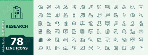 Research line icon set. Contains such symbols as search, data, discovery, explore and more. Discovery icon pack. Minimal thin line web icons set. Editable vector illustration.