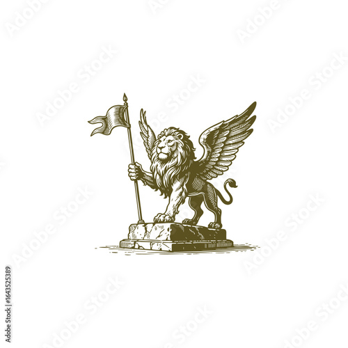 Majestic winged lion standing on a stone holding flag engraving design logo vector template illustration