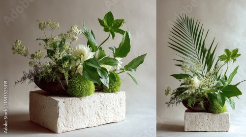 Two minimalist floral arrangements on light stone pedestals