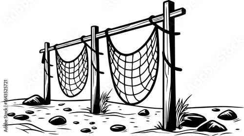 Traditional Fish Nets Drying on Shore