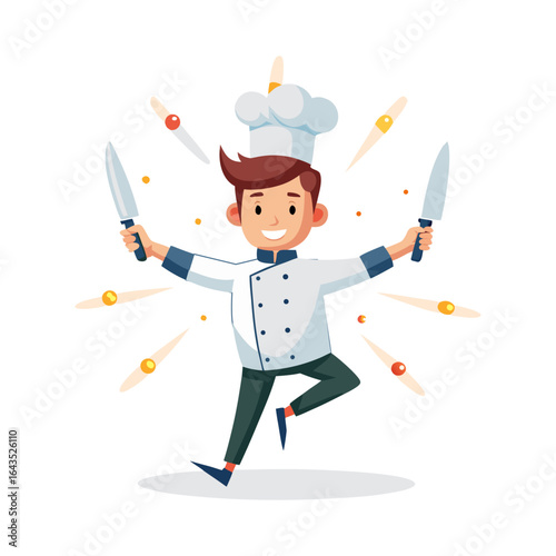 Quadro su tela Creative male chef skillfully juggling three glowing kitchen knives in midair –