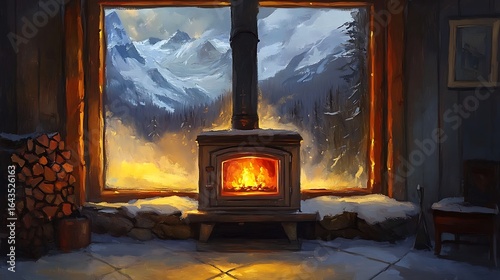 Cozy fireplace warmth against snowy mountain window