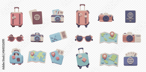 A collection of travel essentials including suitcases, passports, cameras, sunglasses, maps, and tickets, all rendered in a charming, stylized 3D aesthetic.