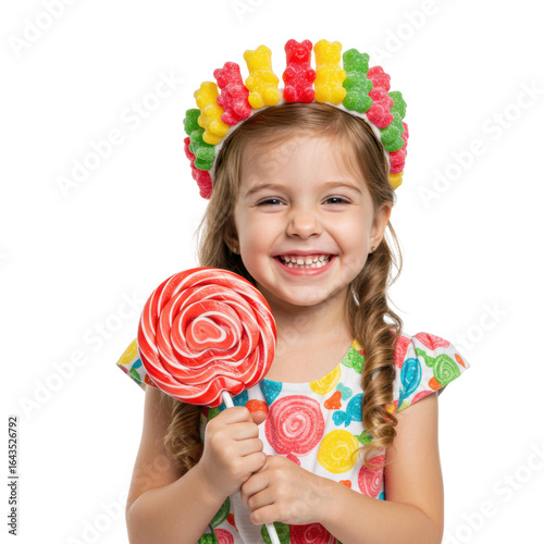 A cute girl smiles, holding a giant lollipop, with a gummy bear crown on her head.
