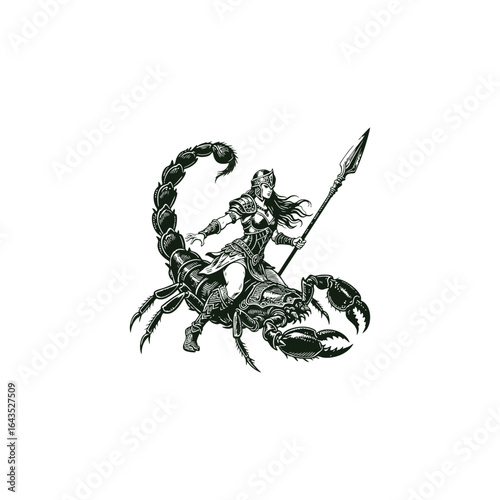 engraving style design portrays a fierce warrior woman holding a spear while riding a mighty scorpion