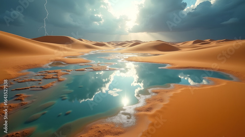 Reflective Desert Oasis with Golden Sand and Blue Sky

