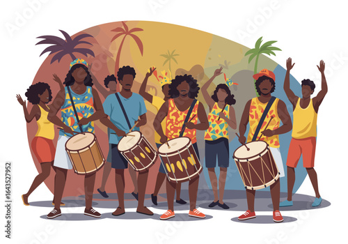 A "bloco" street party with percussionists and dancers during Rio Carnival.