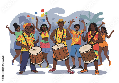 A "bloco" street party with percussionists and dancers during Rio Carnival.
