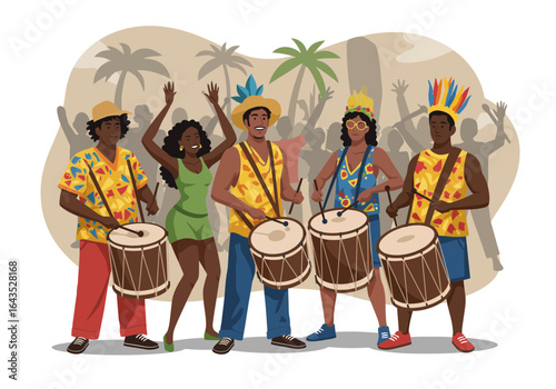 A "bloco" street party with percussionists and dancers during Rio Carnival.