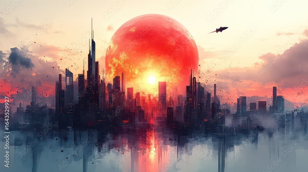 Naklejka premium Futuristic city skyline at sunset with a large red sun and spaceship.
