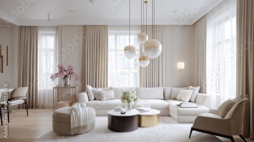 living room, velvet curtains, warm pendant lights, elegant furniture, soft textures