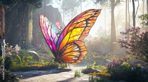 Colorful fantasy butterfly with large fairy wings, casting a shadow in a garden, formed from geometric shapes in 3D render.