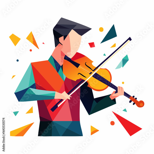 Vibrant geometric illustration of a male musician playing the violin. Abstract art of a violinist performing classical music with a modern flair.