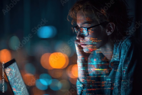 A young Caucasian male with curly hair and glasses is focused on a laptop screen. Colorful code and data are visible on the screen, creating a tech atmosphere.