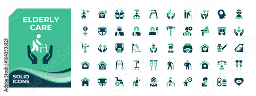 Elderly Care colorful solid icon set. It contains symbols to age, grandparent, pension, old, elder and more. Filled icons collection. Old icon set. Editable vector art.