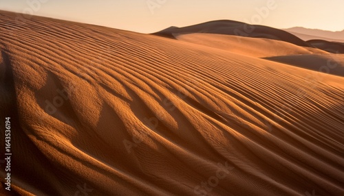 close up of undulating textured sand dunes with warm sunlight casting gentle shadows across the complex curves and ridges in a desert landscape