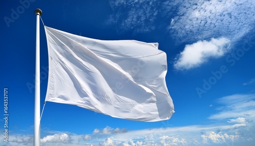 clean white flag waving against blue sky with fluffy clouds