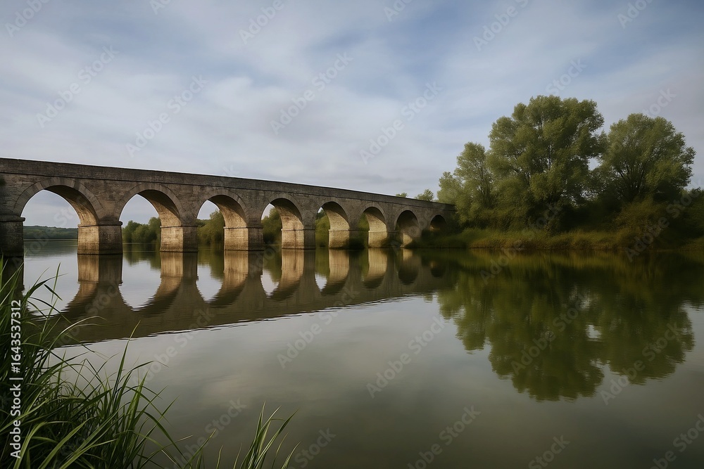 Fototapeta premium Historic stone bridge reflected in calm river with green trees in summer landscape