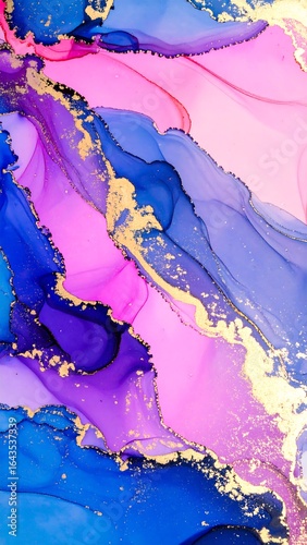 Vibrant abstract design with flowing colours and gold flakes.