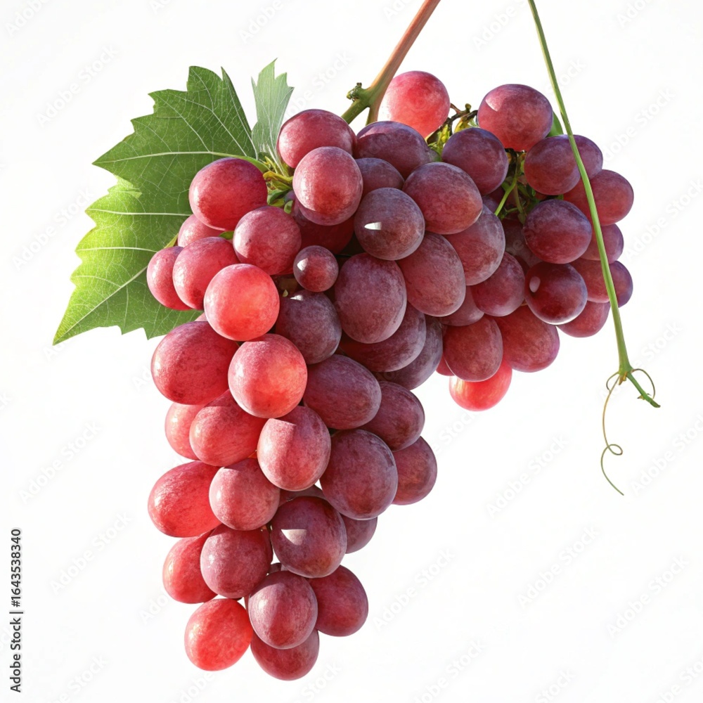 Fototapeta premium Isolated bunch of red grapes, a bunch of red grapes with light falling on it from an angle, making it more visible and attractive, close-up shot, white background